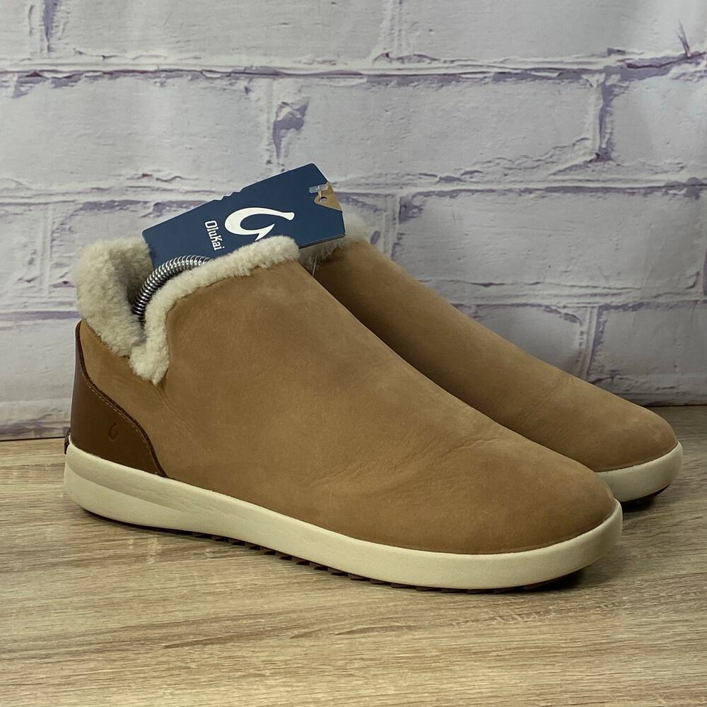 Olukai Malua Hulu Tan Shearling Lined Ankle Boots Women's 9.5 Nubuck Slip On